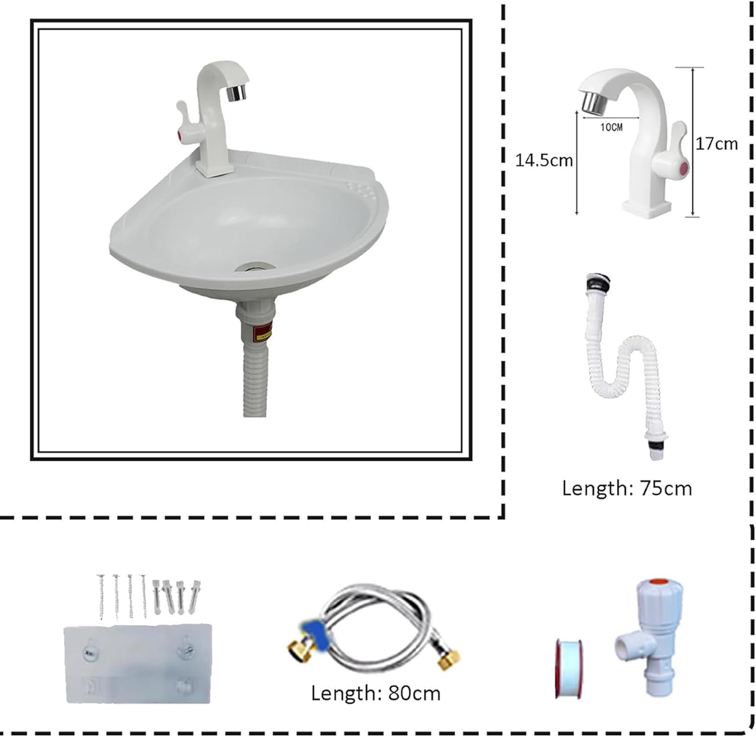 Wall-Mounted Small Corner Sink with Faucet & Drainage - No Drilling Mini Plastic Basin for Bathroom, Cloakroom & Toilet - Space-Saving Vessel Sink Solution(White 27.5x27.5cm)