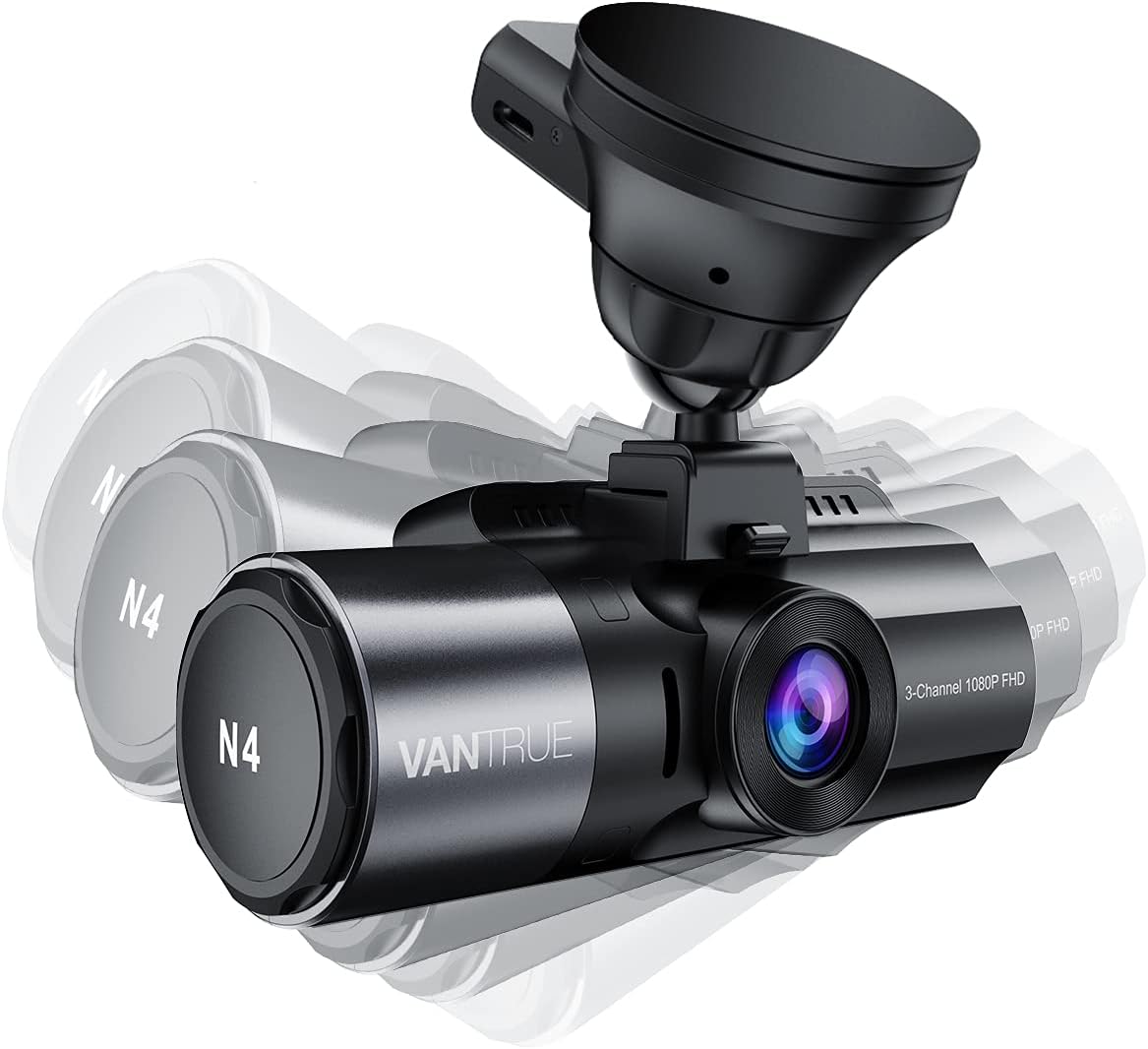 Image of a Vantrue dash cam with the GPS suction cup mount attached, showing the adjustable angle.