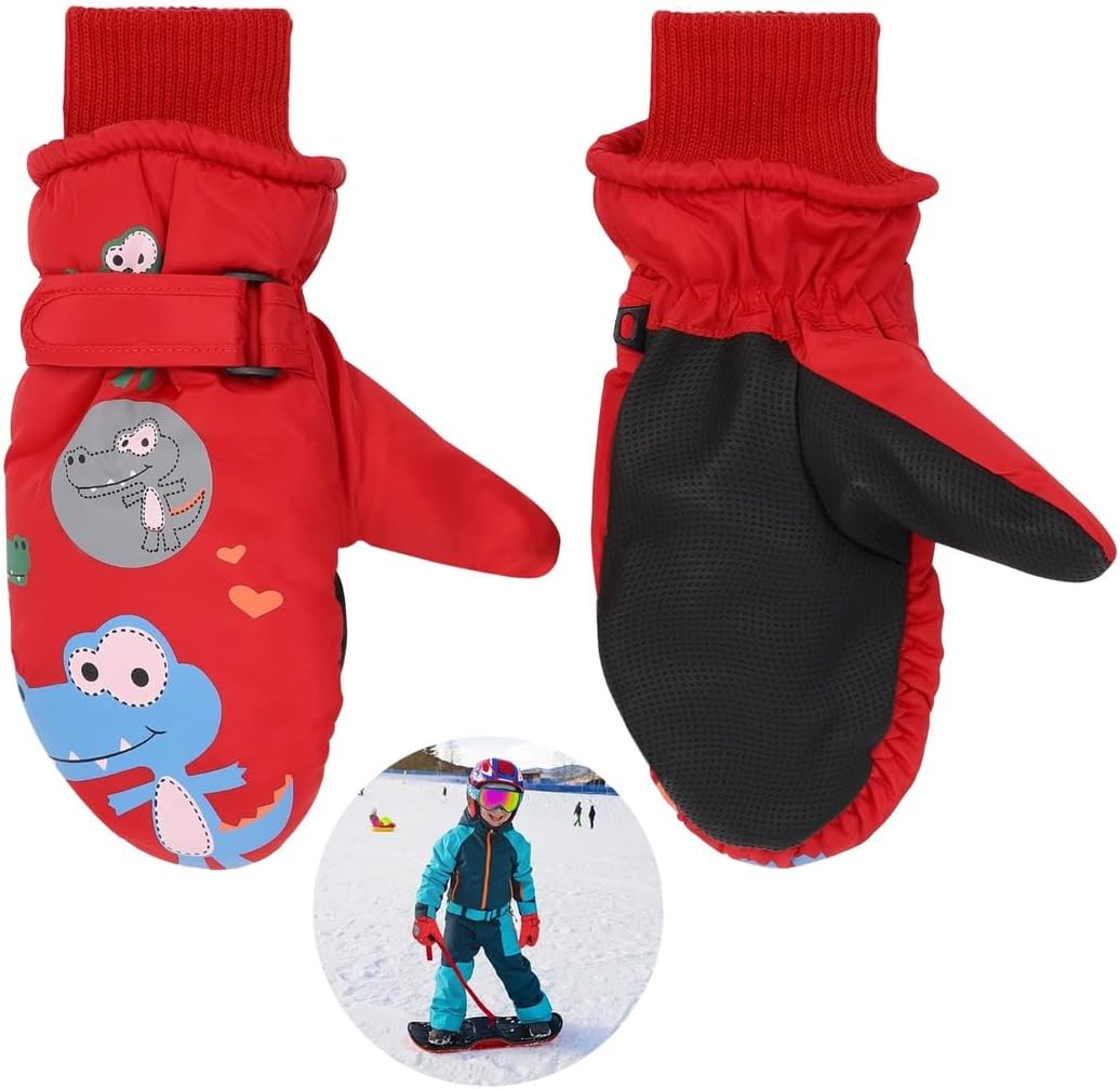 Ski Mittens for Little Ones, Waterproof and Windproof Winter Snow Gloves, Warm Coral Fleece Lined Mittens with Cute Dinosaurs, for Little Ones Aged 4 to 8