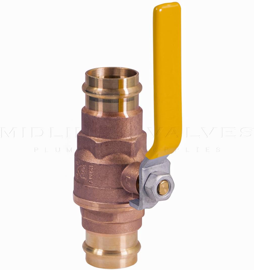 Midline Valve 5 Pack 1/2 Inch Press Ball Valve with Double-O-Ring, Full Port Press Ball Valve with 1/2" Connections, Brass Finish