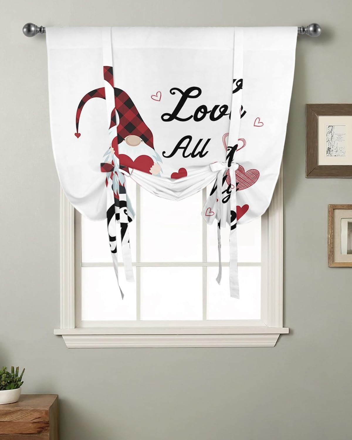 Valentine Tie Up Curtains for Kitchen Windows, Gnome with Love Texts on White Adjustable Balloon Shade Curtain Panel Rod Pocket Drapes for Small Window Decor 42" Wx63L, Sweet Dwarfs