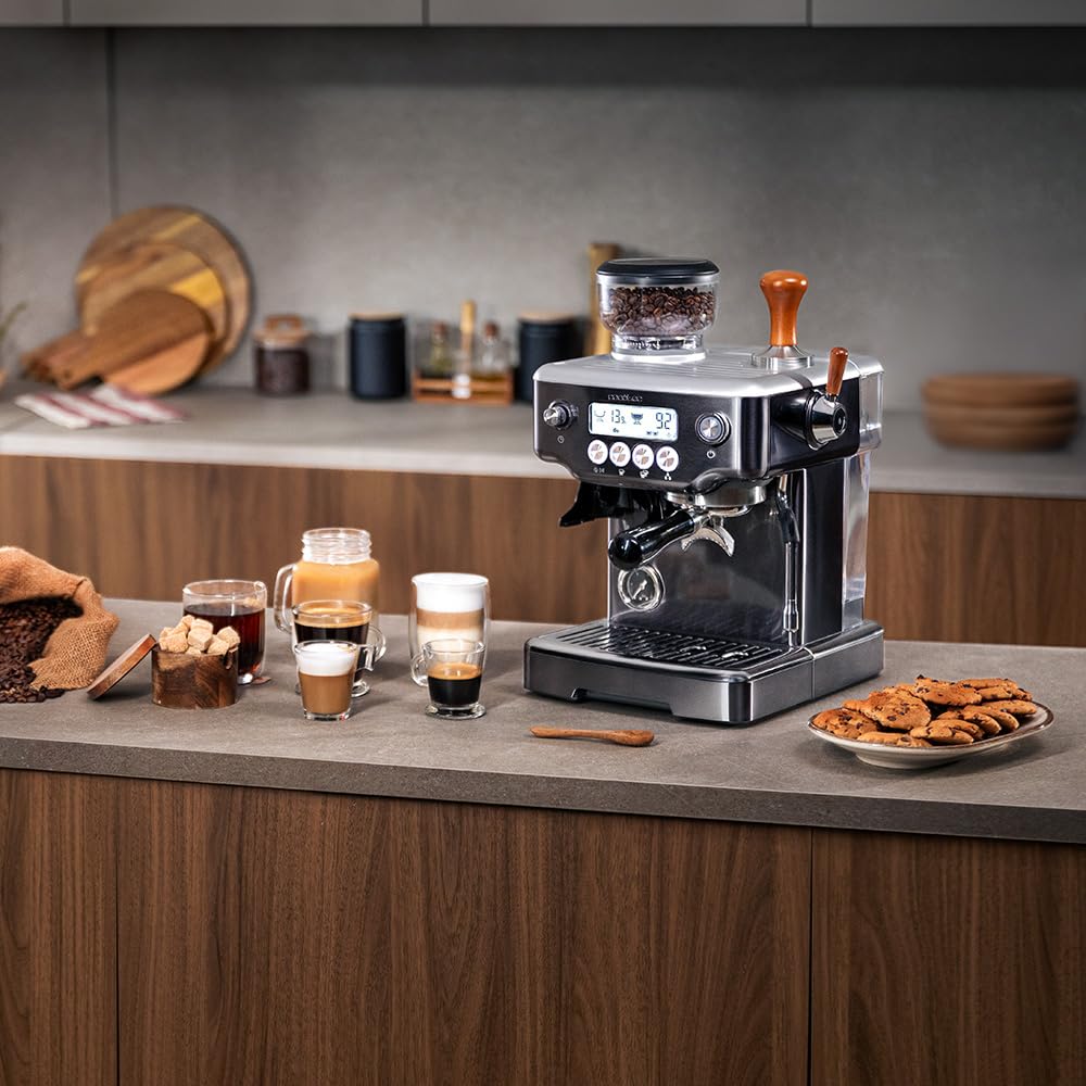 Cecotec Macchina Espresso Barista Power Espresso 20 Barista Steel & Grind. 2200W, 20Bar, Macinacaffè Conico, 2.1L Serbatoio Acqua, 180g Caffè, 30 Livelli, Thermoblock, Doppio Braccio, Accessori