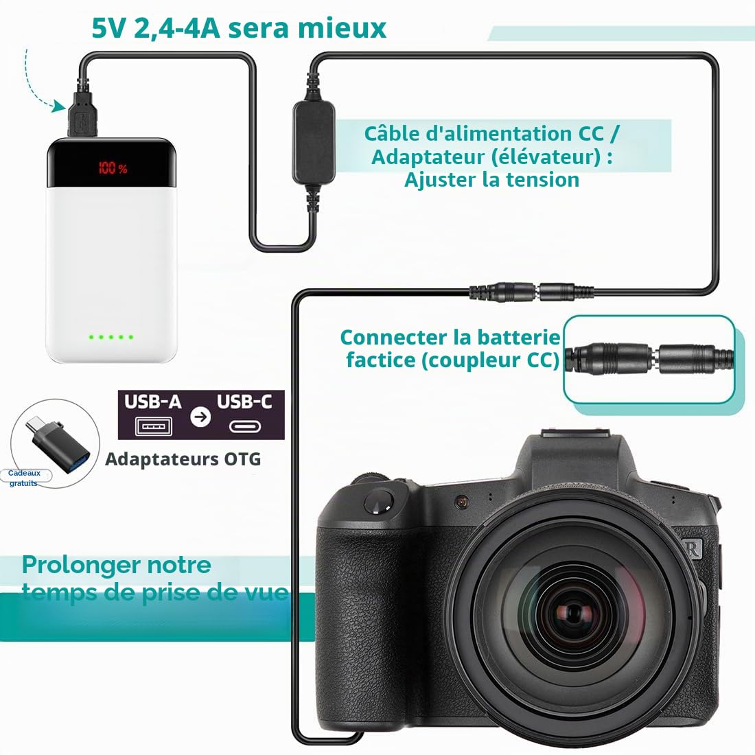 Powerbank USB Cable + DMW-DCC8 Batterie factice BLC12 BLC12E pour Lumix DMC-GX8 FZ1000 FZ300 FZ200 G7 G6 G5 G80 G81 G85 GH2 GH2K GH2S DC-G90 DC-G91 DC-G95 DC-G99