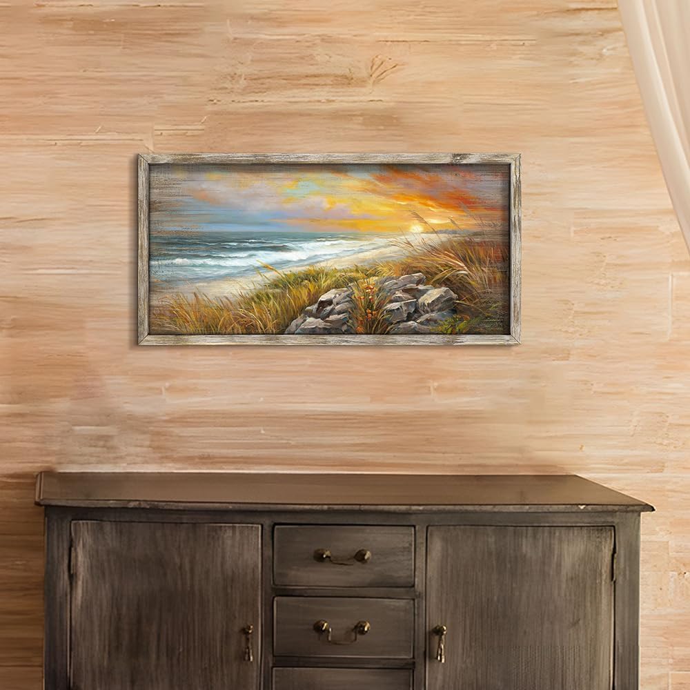 Framed Beach Wall Art Picture:Sunset Coastal Wooden Painting Ocean Sea Wave Artwork Seaside Seascape Grass Print Decor for Living Room Bedroom 24x12 inch