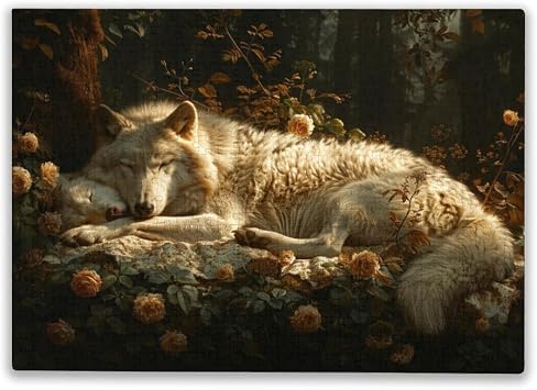 Puzzle with Letters on The Back 1000 Pieces White Wolf Sleeping in Dark Forest Cabin Suitable for Those Who Like Challenging Family Leisure and Entertainment Toys