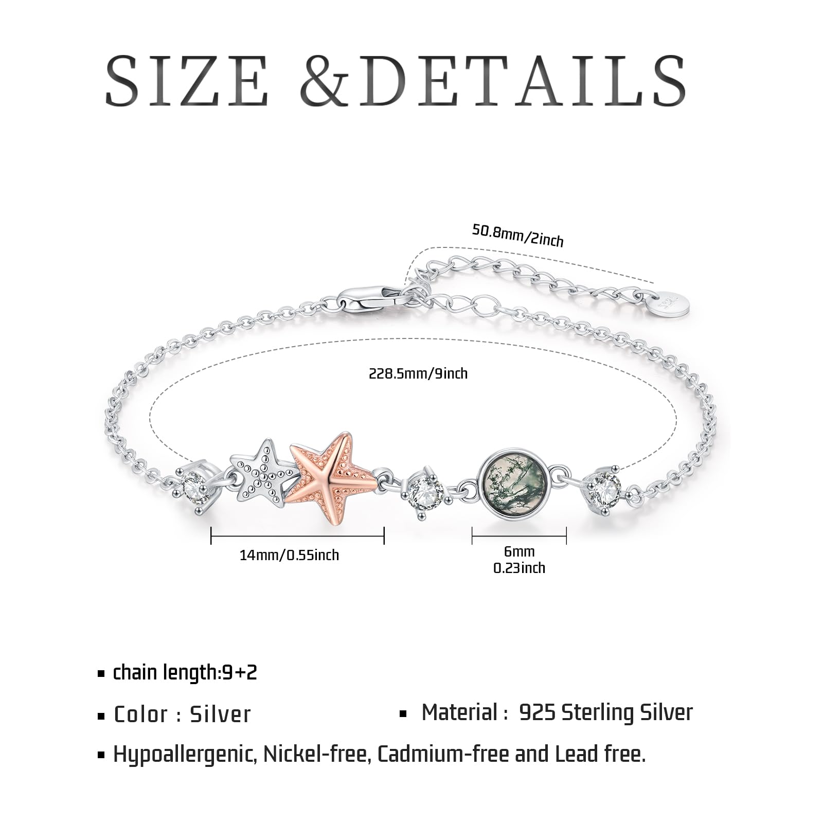 Cavigliera in argento sterling 925 con stelle marine, con agata muschiata, stelle marine, mare, oceano, gioielli estivi per donne