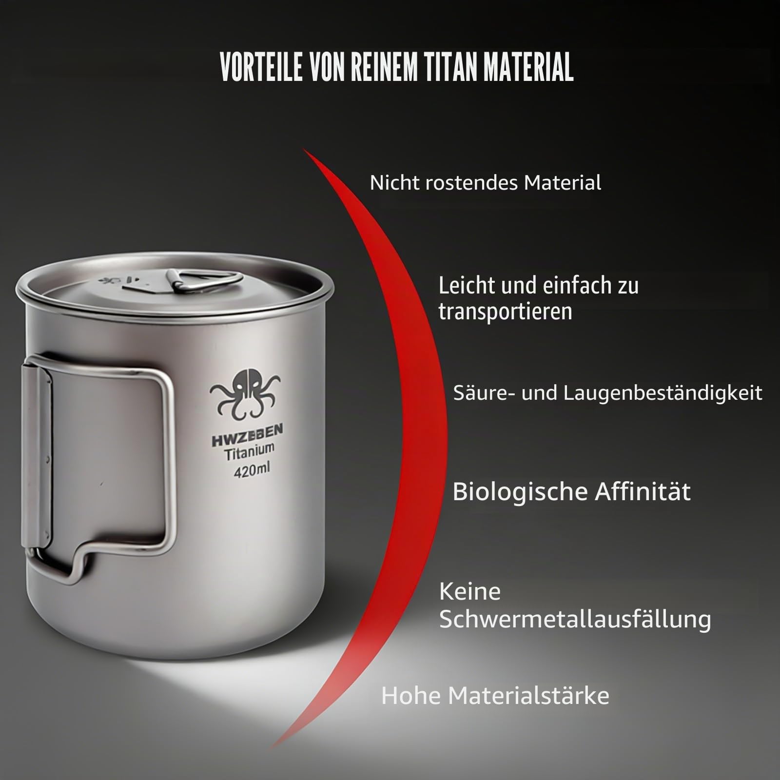 Camping Becher Titanium 420ml, Ultraleichte Titan Tasse mit Klappgriff & Tragbarem Beutel, Perfekt für Camping, Wandern und Picknick