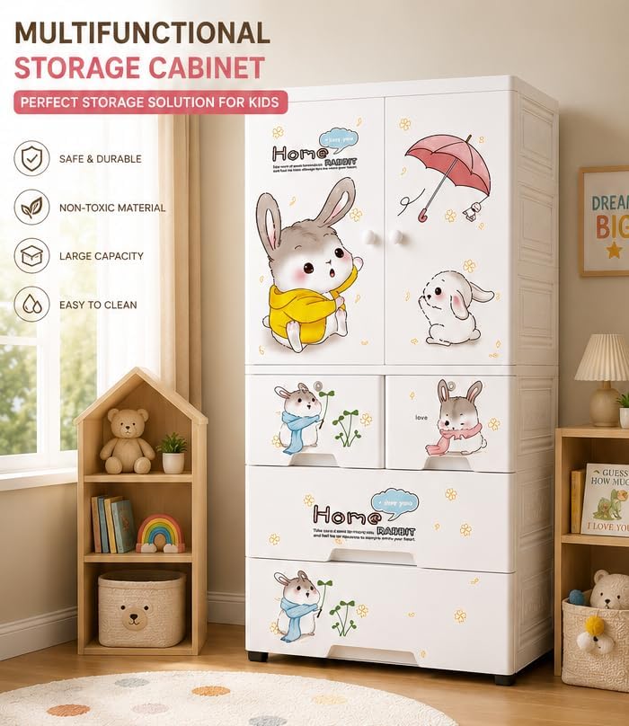 Image of HIWARE Premium Modular Wardrobe for Bedroom, Kids Room and Home | Spacious Clothes Storage Cabinet with Drawers and Shelves | Modern Stylish Design, Heavy Duty, Multipurpose Organizer -Cute-Rabbit