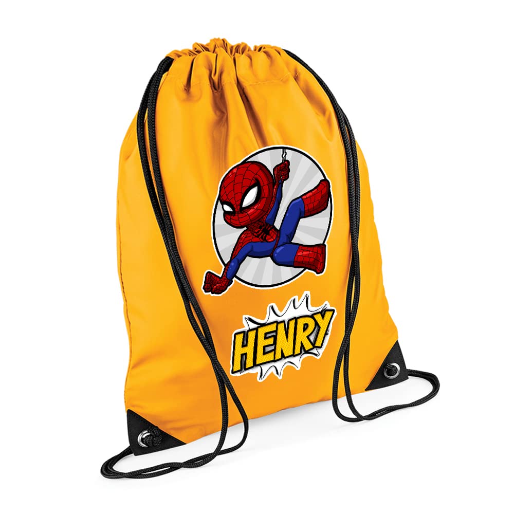 Superhero Bag, Personalised Backpack, Gift For Kids, Boy, Cartton Character Bag, Birthday, Christmas Drawstring Bag, PE Gym Kit Swimming, Sport Rucksack. (Gold)