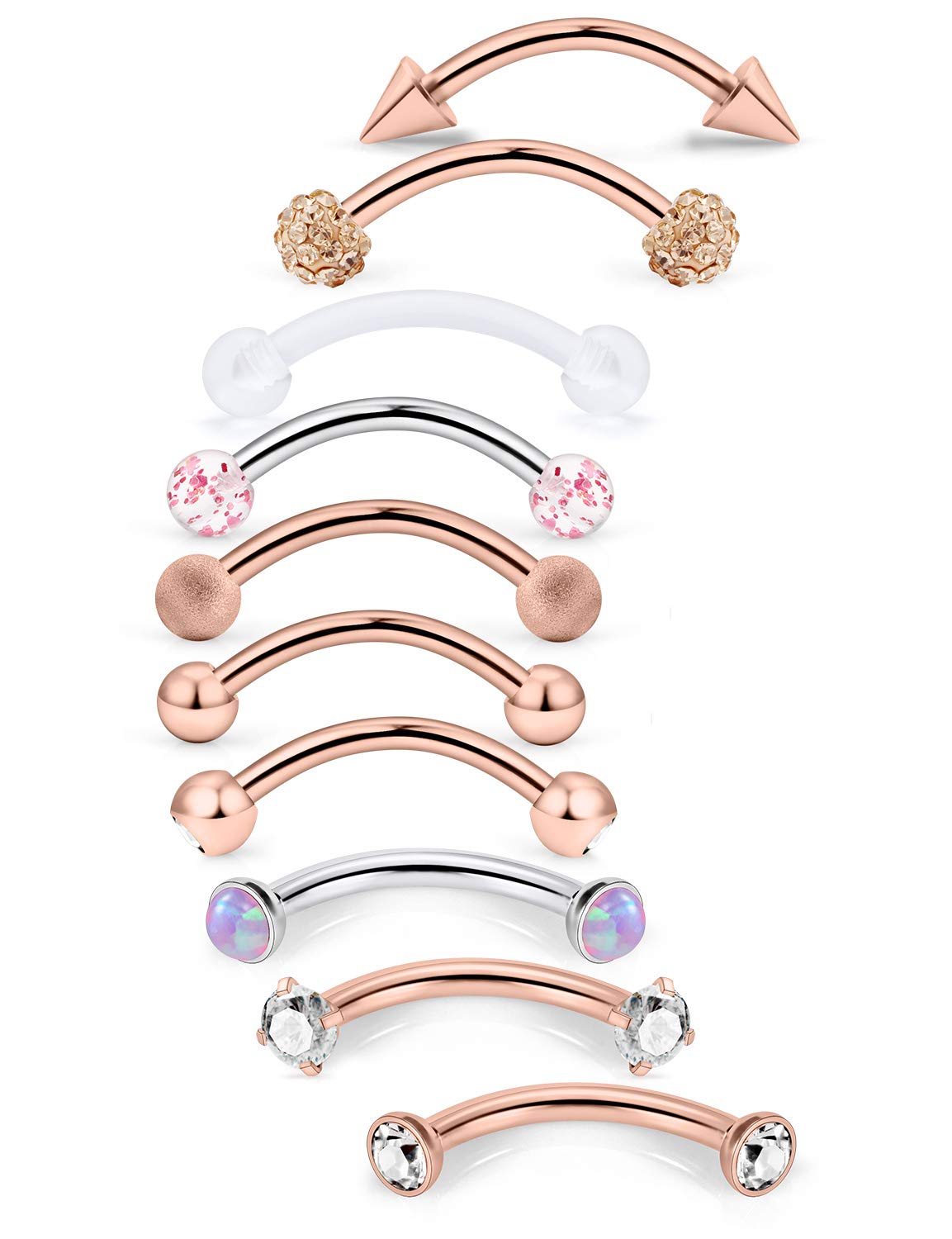 Jenxnjsjo 16g 6/8/10mm Eyebrow/Rook/Snug/Vertical-Labret/VCH/Snake-Eyes/Anti-Tragus/Christina/Daith/Belly-Button/Bridge/Hood/Surface Curved Barbell