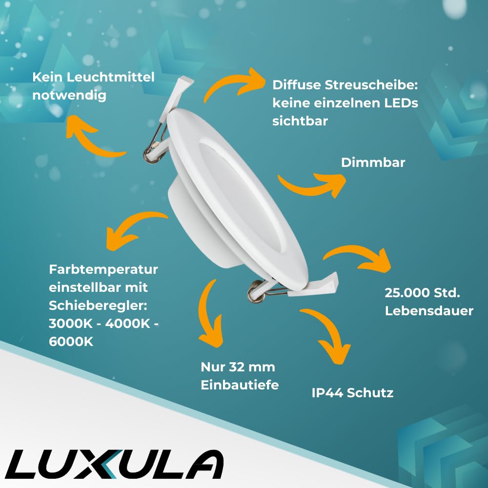 LUXULA 6x Einbaustrahler LED Spots 230V dimmbar - Warmweiß Neutralweiß Kaltweiß einstellbar - 24W 2565lm CCT Deckenspots flach Deckenstrahler IP44 Spotlight - matt weiß rund - 240x32mm