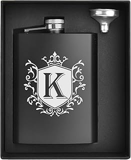 Hip Flask for Men Engraved Drinking Whiskey Flasks for Liquor 8 OZ Stainless Steel Black Initial Personalized Monogrammed Gifts for Dad Groomsmen Christmas Birthday Gifts for Him Letter K
