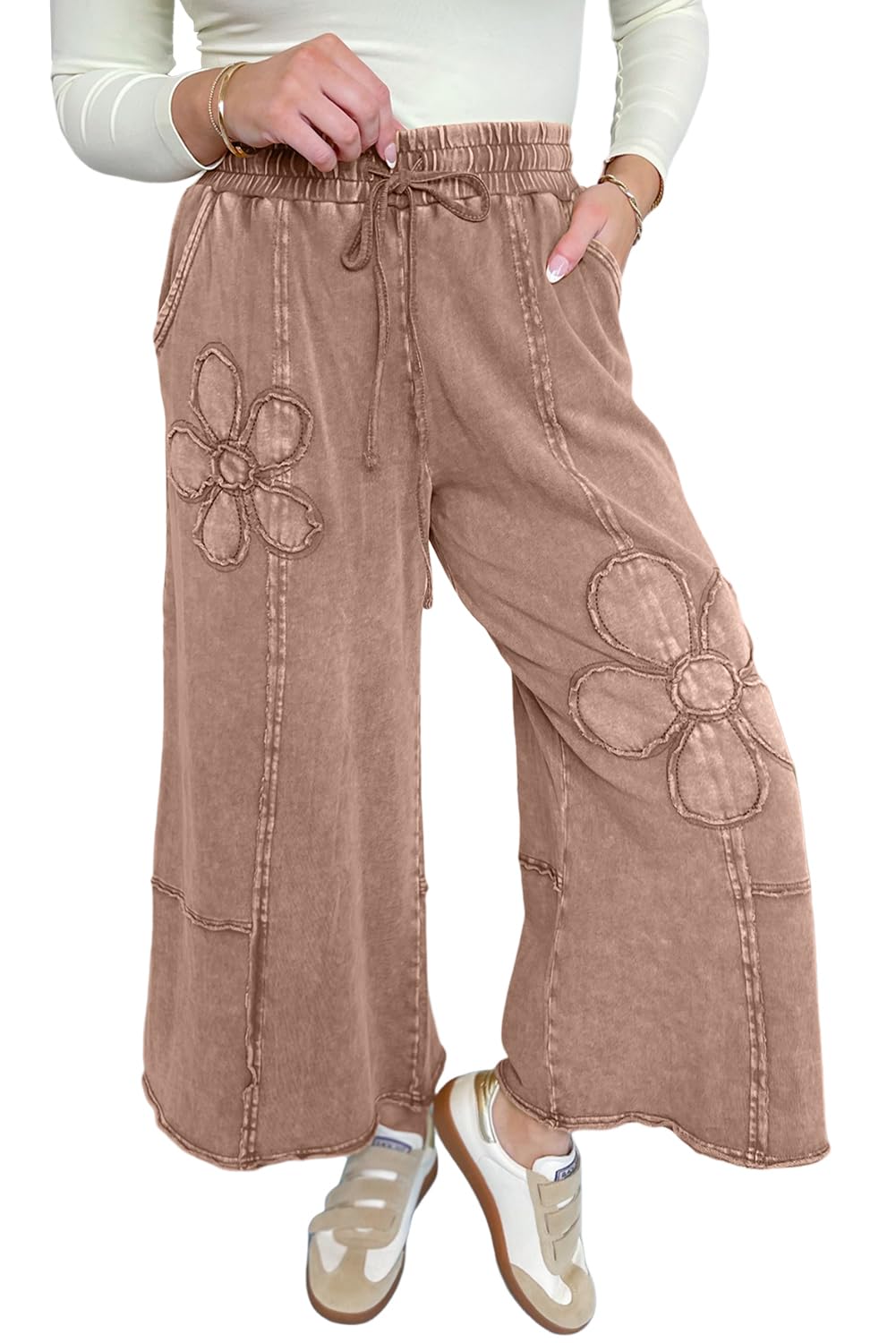 Urchics Summer Pants for Women Pink Floral Patch Mineral Washed Soild Knit Cropped Wide Leg Pants