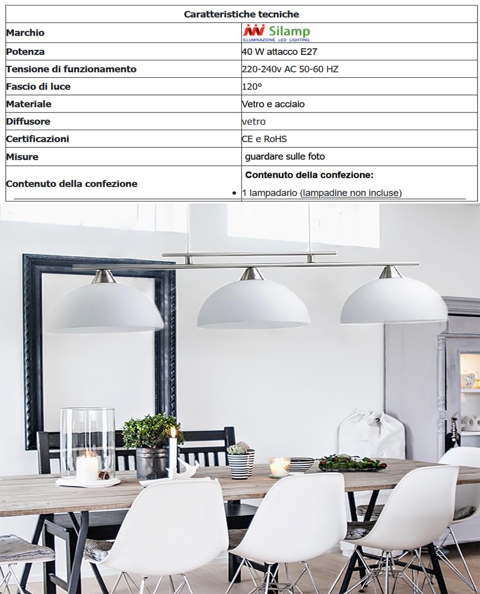 Lampadario a sospensione design da soffitto per salone, cucina 3 coppe in vetro