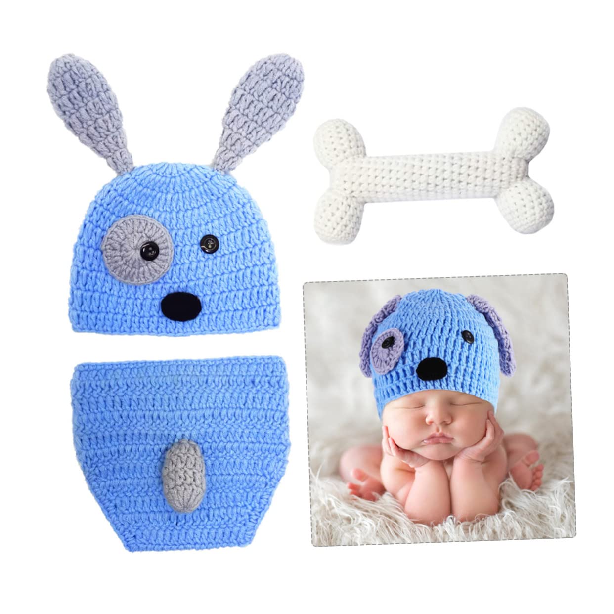 VALICLUD 3-teiliges -hundekleidungsset Photoshooting Accessoires Clothes Gestrickte Foto-Requisiten Kostüm Für Neugeborene Kleidung in Welpenform Blue