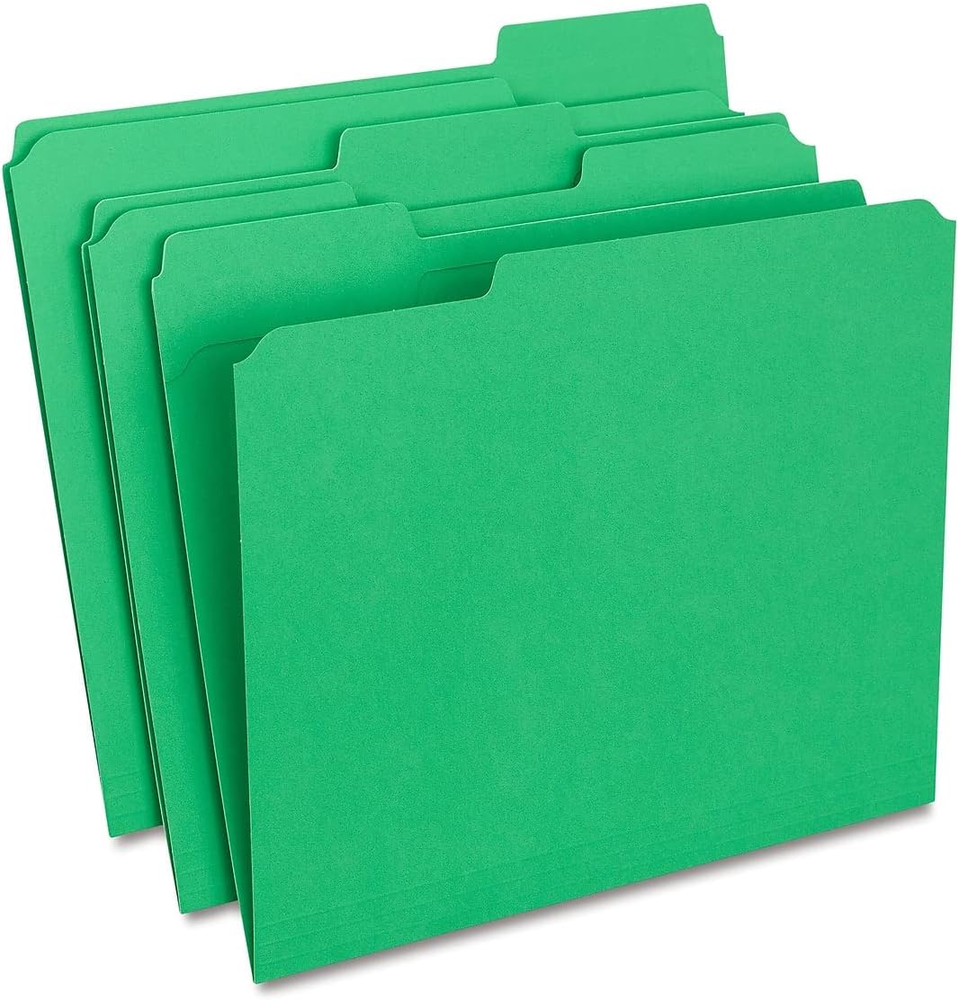 Staples Reinforced Colored File Folders, Letter Size, 3‑Tab Design, Green, Heavy‑Duty Construction, 100/Box