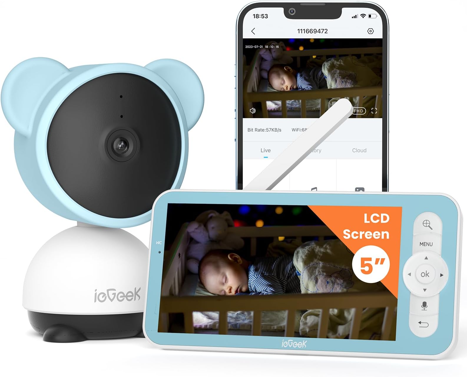 ieGeek 5'' Video Baby Monitor with 1080P HD Camera, WiFi Smartphone App Control, Night Vision, Sound & Motion Detection, 2-Way Talk, 360° PTZ, LCD Monitor Included, 24/7 Recording with Local Storage