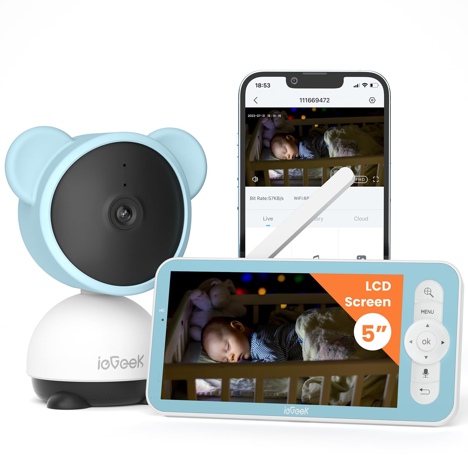 ieGeek 5'' Video Baby Monitor with 1080P HD Camera, WiFi Smartphone App Control, Night Vision, Sound & Motion Detection, 2-Way Talk, 360° PTZ, LCD Monitor Included, 24/7 Recording with Local Storage