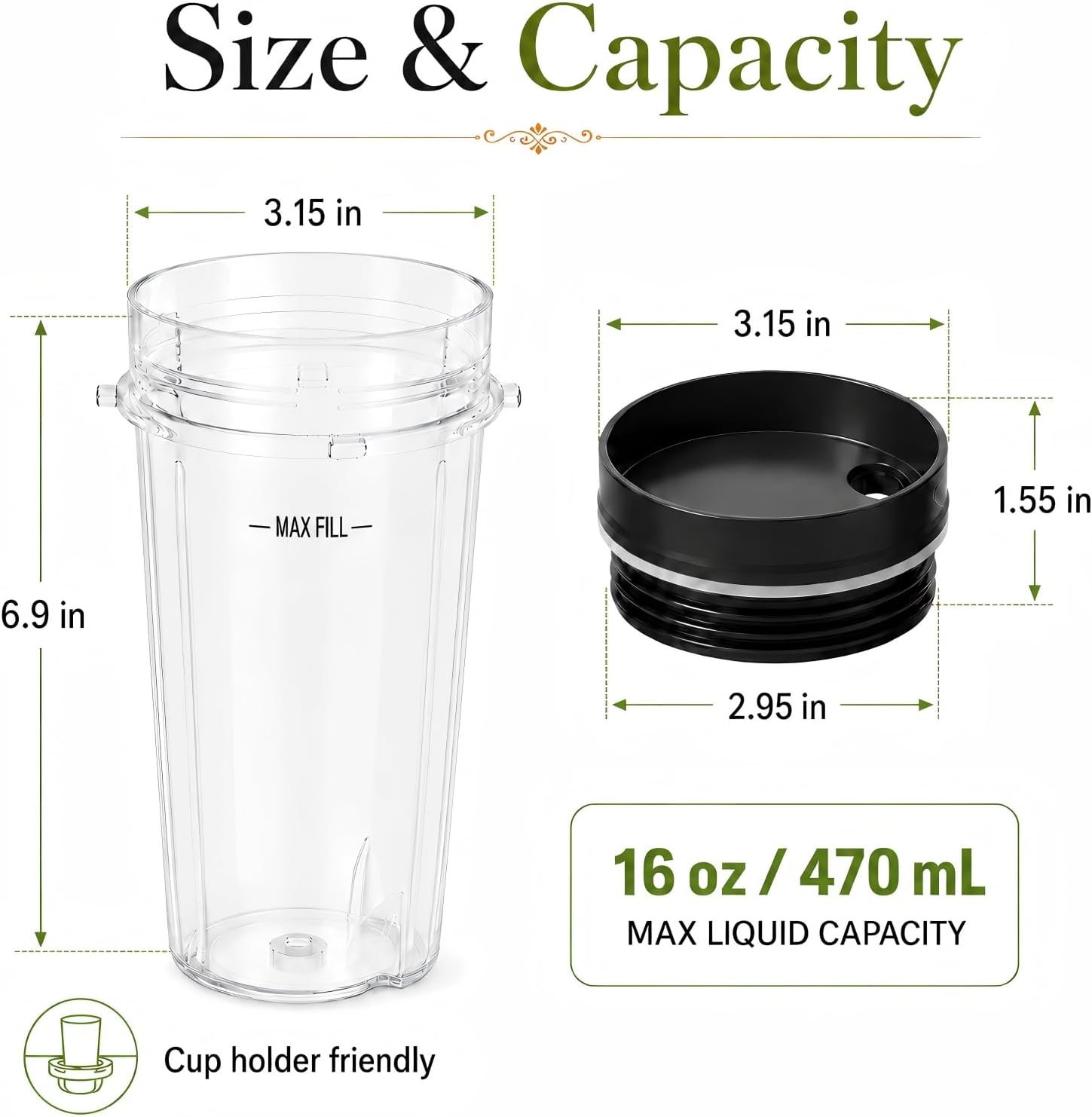3-Pack 16oz Replacement Cups for Ninja Blender, Single Serve Smoothie Cups with Sip & Seal Lids, Compatible with BL660 BL770 BL780 BL740 Series, Dishwasher Safe