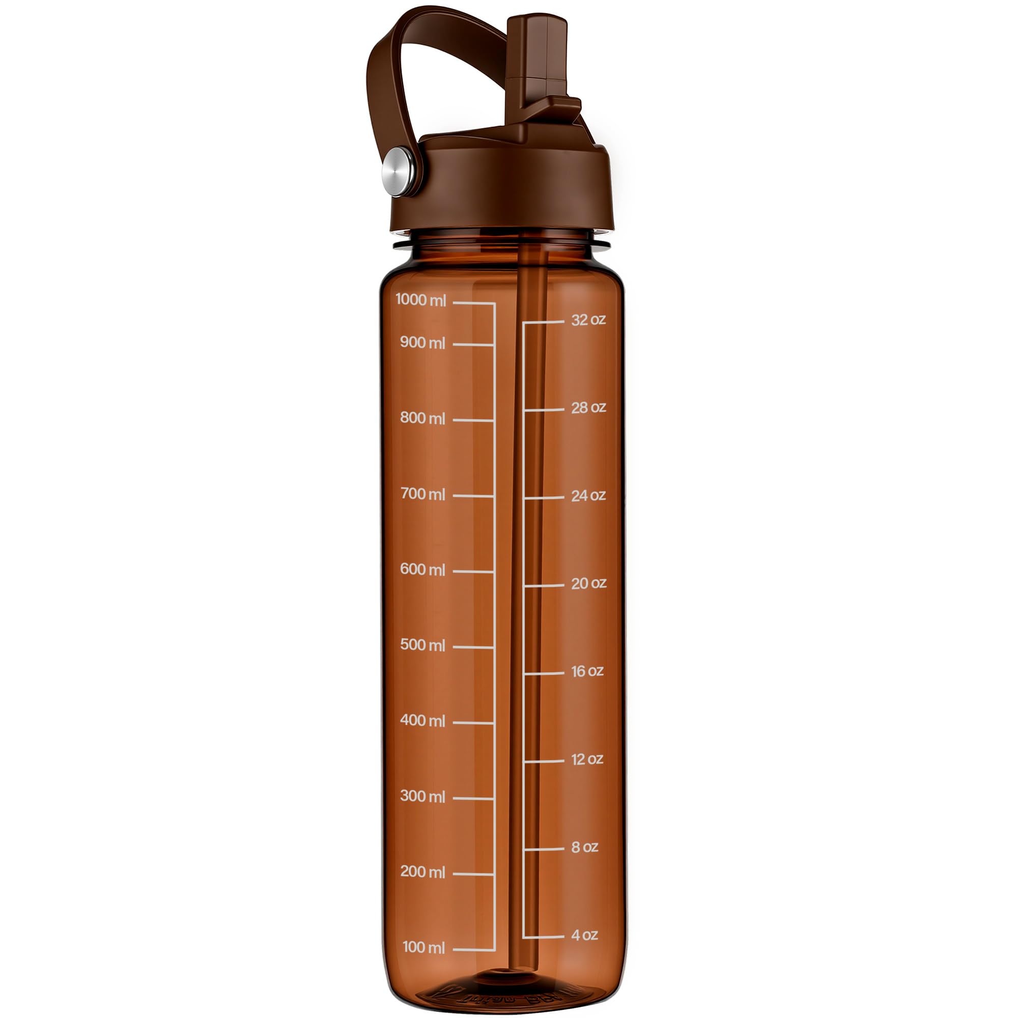 GOPPUS 1000ml/32oz Clear Water Bottle with Straw, Tritan Leakproof Sports Drinking Bottle, BPA Free Wide Mouth Gym Bottle with Handle and Measurement Marks for School, Gym, Travel (Brown)