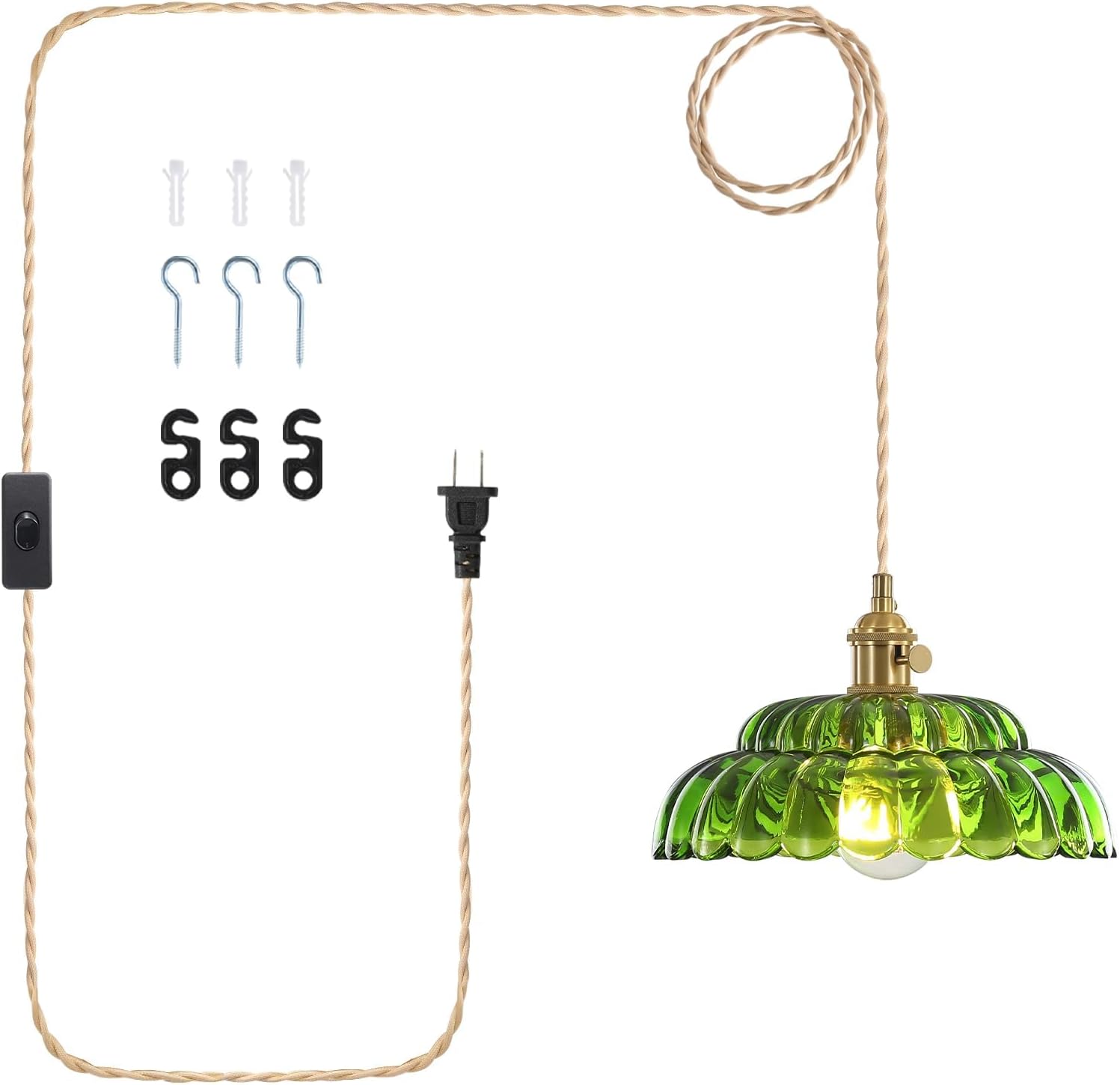 Paquete de 1 lámpara colgante enchufable con pantalla de cristal verde loto, luz colgante vintage de latón, luz colgante ajustable, para cocina,