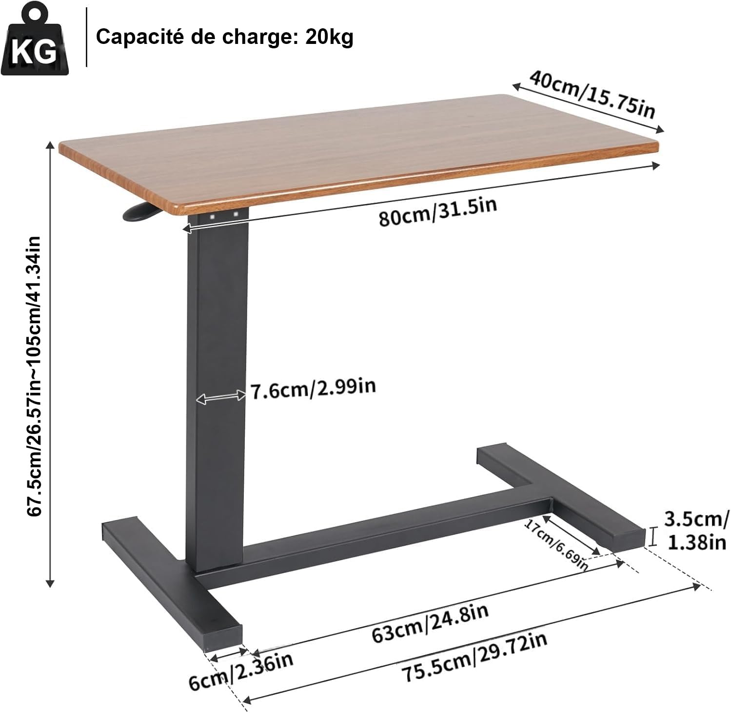 FATIVO Table de Lit à roulettes, Large Table Roulante Réglable en Hauteur de 68 à 105 cm Table pour Lit Médicalisé - Plateau 80x40cm, Vérin Pneumatique, Noir/Chêne