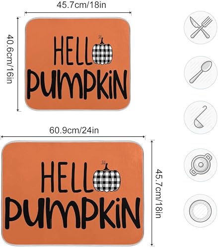 Miniatura 3 de Tapete de secado de platos naranja Hello Pumpkin para cocina, otoño y cosecha, tapete de secado de microfibra, absorbente y reversible, tapete