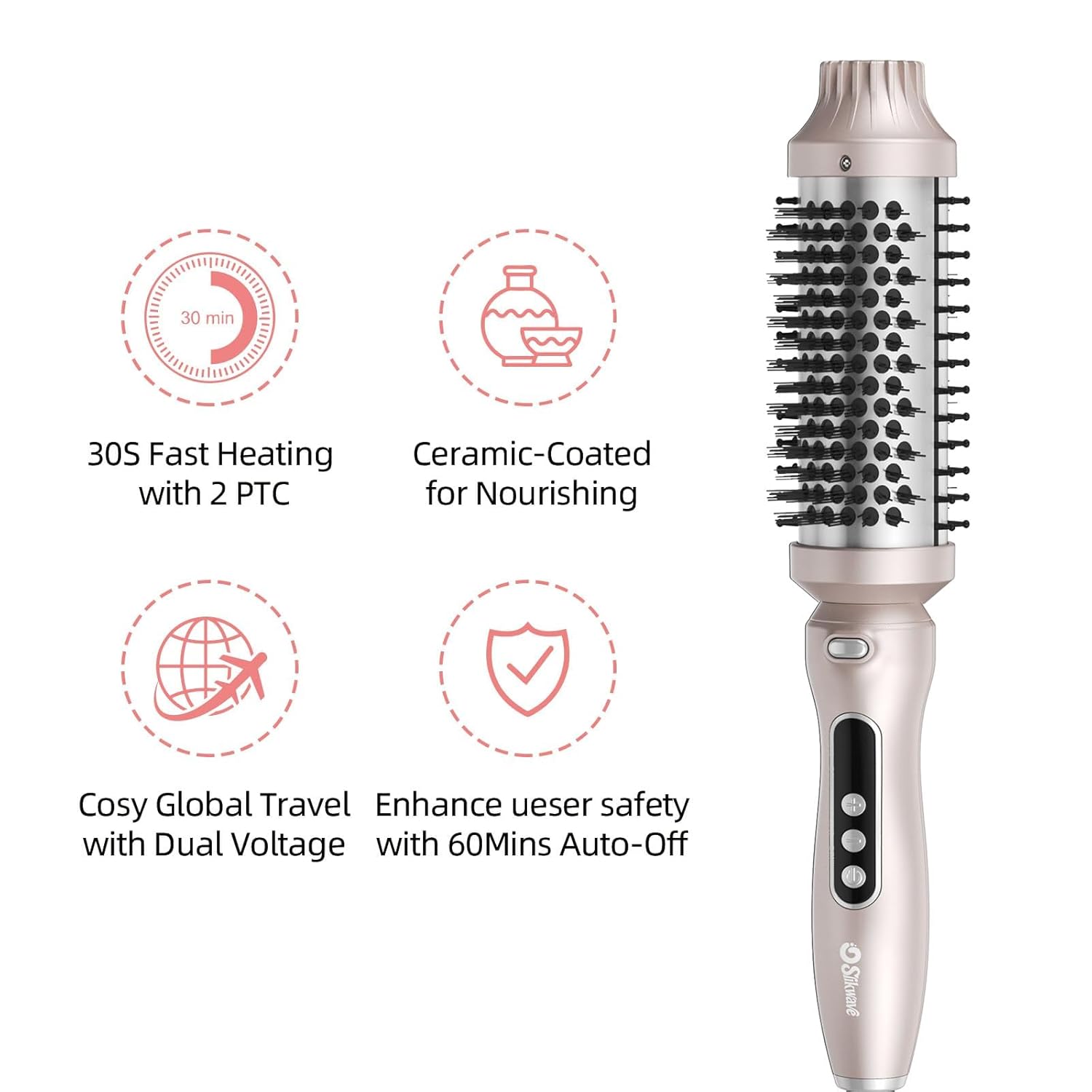 Thermal Brush, 1.7 inch Heated Round Brush with Detachable Head, Velvet Pouch and Dual Voltage for Travel, Easy to Create Blowout Look (Silver) (Silver)