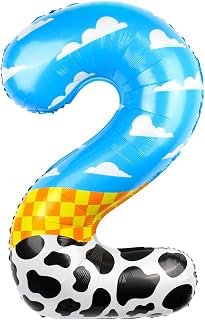 40 Inch Cartoon Story Theme Number 2 Foil Balloon, Blue Sky and White Cloud Cow Cartoon Balloon for Boys Girls Birthday Party Decorations Party Favors