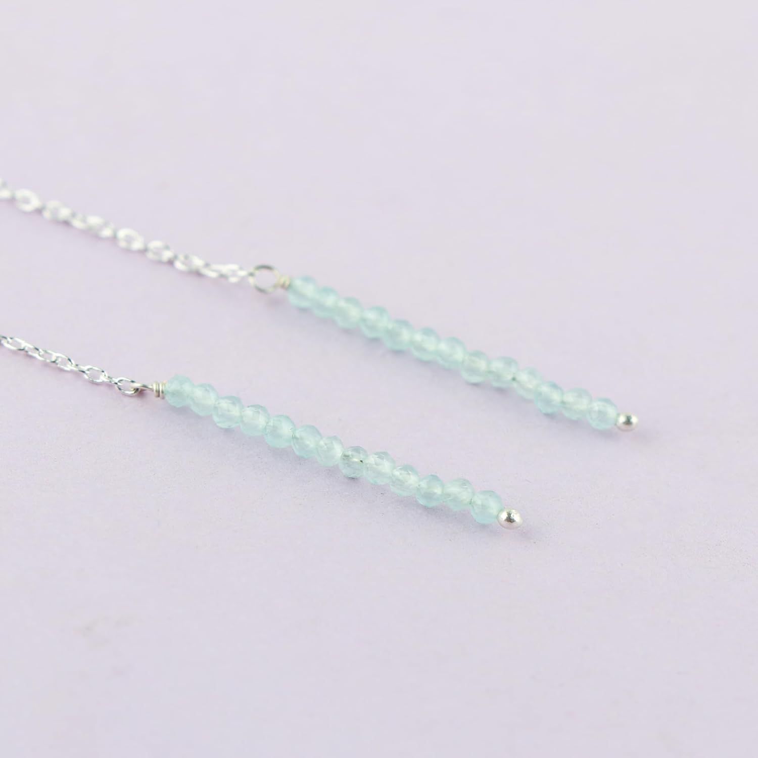 Threader Earrings for Women with Gemstone Beads - 2mm Natural Gemstone, Adjustable Pull-Through Long & Short Dangle Design, 3+1 Inch Silver Plated Earrings, Lightweight Crystal Jewellery Gift - Image 4