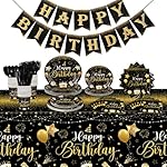 Vesici 171 Pcs Happy Birthday Party Supplies 24 Set Disposable Party Tableware include Plates Cups Napkins Cutlery and Banner Tablecloth Birthday Dinner Decorations for Men Woman(Black, Gold)