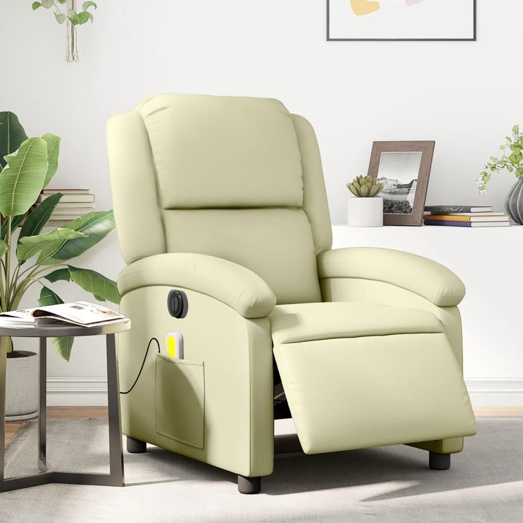 Massagesessel Elektrisch Creme Echtleder mit 6-Punkt-Vibrationsmassage und Elektromotor verstellbar bis 135 Grad, Holz Metall Gestell, bequemer Relaxsessel für Wohnzimmer Büro Lounge Ruhe
