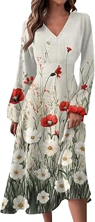 Going Out Dresses for Women Outfits Work Loose Lightweight Travel Midi V Neck Long Sleeve Dress
