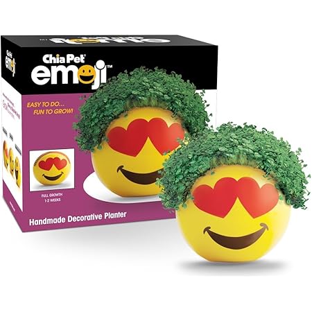 Amazon Com Chia Pet Emoji 心形眼睛裝飾陶器花盆 易於做 趣味種植 新奇禮物 適合任何場合 黃色 露臺 草皮與花園