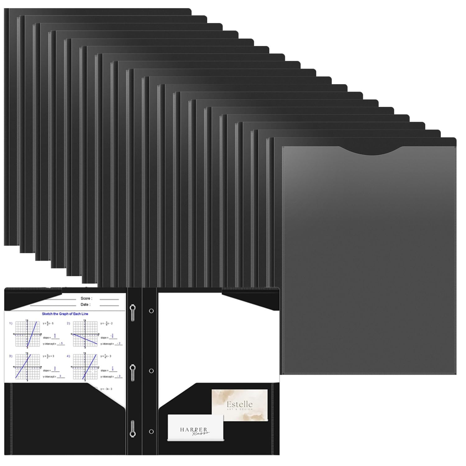 OTCRAFT 18 Pack A4 Pocket Plastic Folder 2 Pockets and 3 Prongs 2 Card Slots, Durable, Tear-Resistant Heavy Duty Pocket Folders with Prongs, Colored Prong Folders for Schoolwork & Officer(Black)