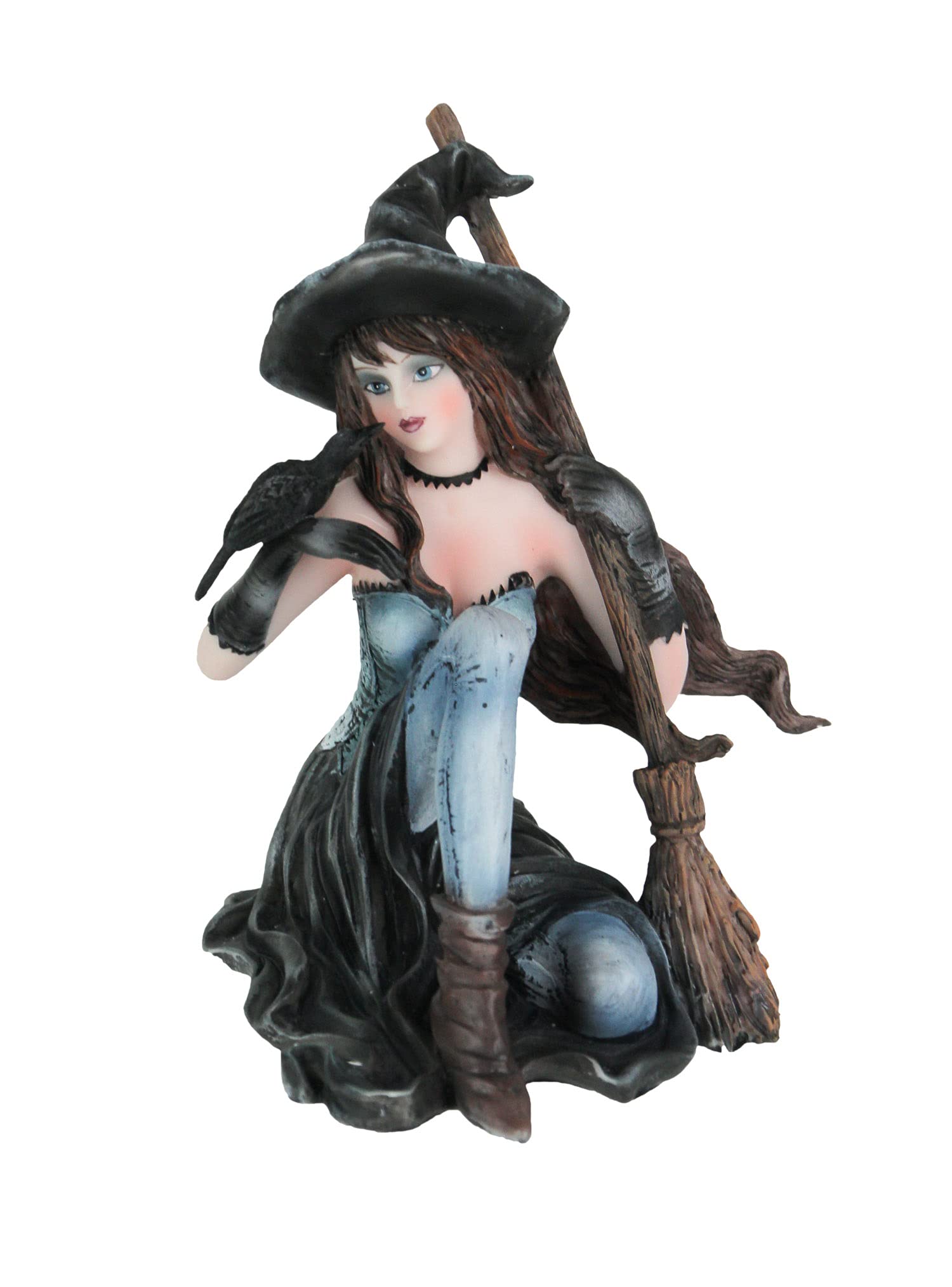 Things2Die4Sitting Witch Holding Broomstick w/Black Raven Figurine Statue, Multicolored, One Size