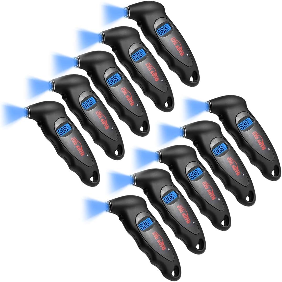 CZC AUTO Digital Tire Pressure Gauge Reader Checker 4 Settings Digital PSI Tire Gauge with Lightened Nozzle Backlit LCD for Car Truck Bicycle Motorcycle | Non-Slip Grip, 0-150 PSI (10Pack, Black)