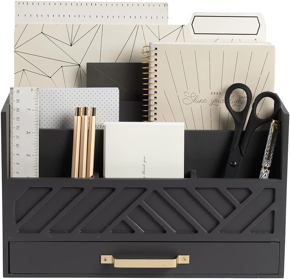 BLU MONACO Grey Wooden Desk Organizer with Drawer and Gold Handle - Perfect Office Desk Accessories and Workspace Organizers for Home Office Organization - Desktop Mail Organizer - Office Supplies