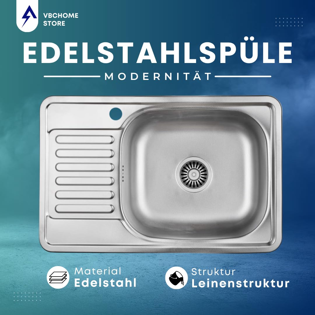 VBChome Einbauspüle 66x42 cm links aus Edelstahl Leinenstruktur mit Abtropffläche Spüle eckig für Küche Camping mit Armatur Ablaufgarnitur Siphon Wasserhahn Inox