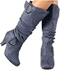 Hbeylia Boots For Women Fashion Slouchy Ruched Leather Round Toe Chunky Mid Heels Mid Calf Riding Boots With Side Zip Stacked Wide Knee High Combat Cowboy Tall Boots Dress Pump Shoes For Wedding