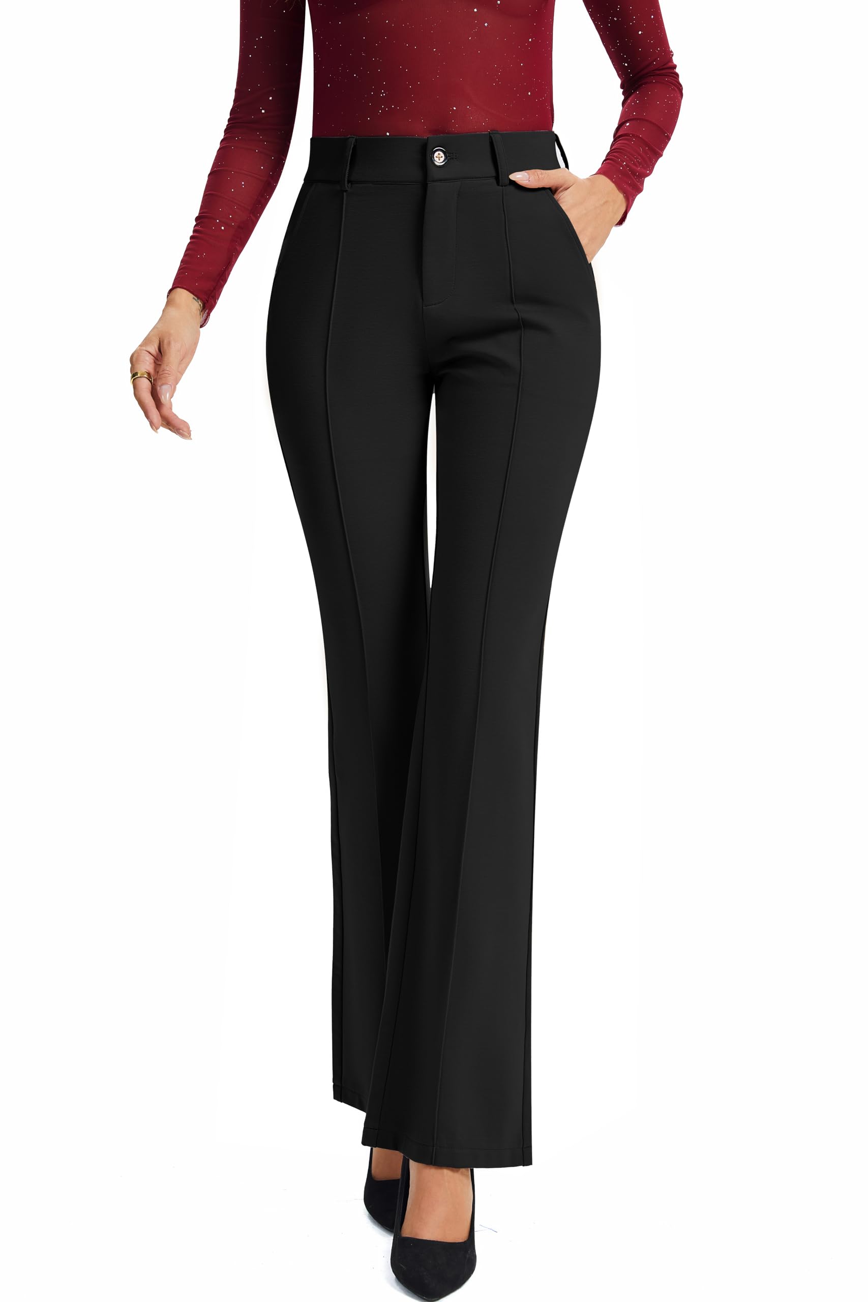 FUNYYZO Dress Work Pants Womens Stretchy Bootcut Leg Button Slacks Trousers with Pockets Casual Outfits