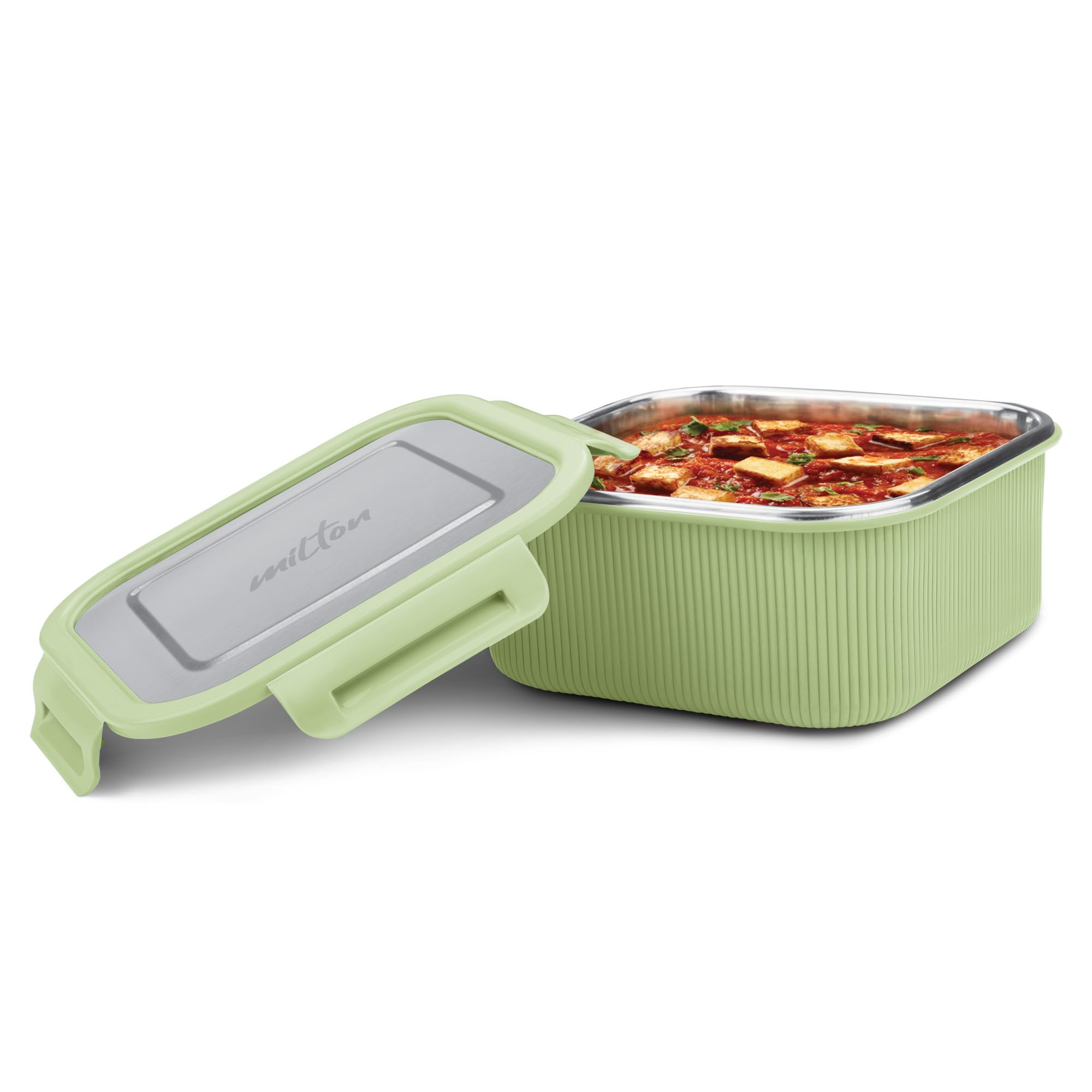 MILTON Cool Touch Square 1600 Stainless Steel Container, 1580 ml, Green | Microwave Safe | Food Grade | BPA Free | Refrigerator Safe