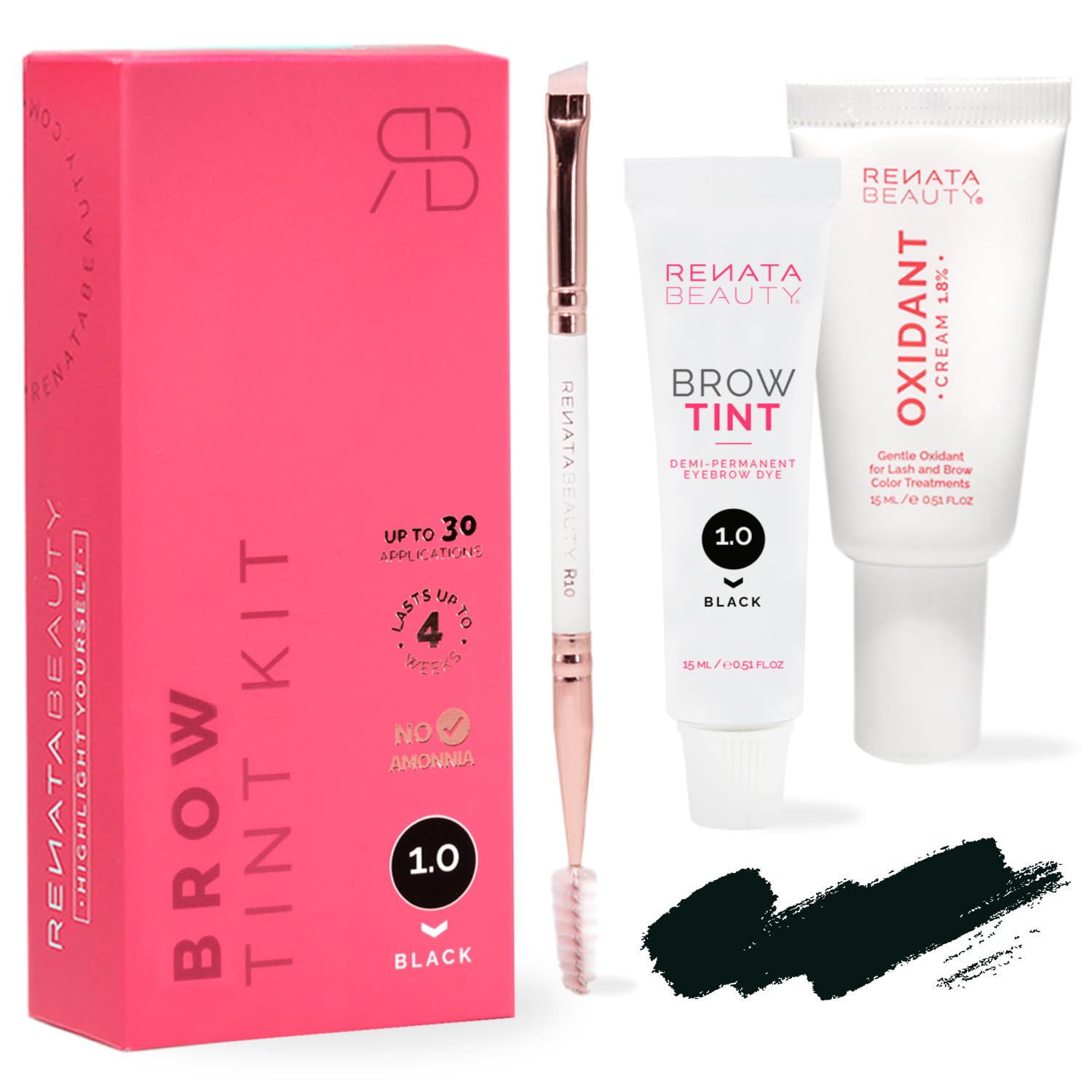 Renata Beauty Kit de Tinte de Cejas - Kit Completo de Tinte, Activador Oxidante, Pincel Dual para Coloración - Efecto Larga Duración de 4 Semanas - Hasta 30 Aplicaciones [Negro]