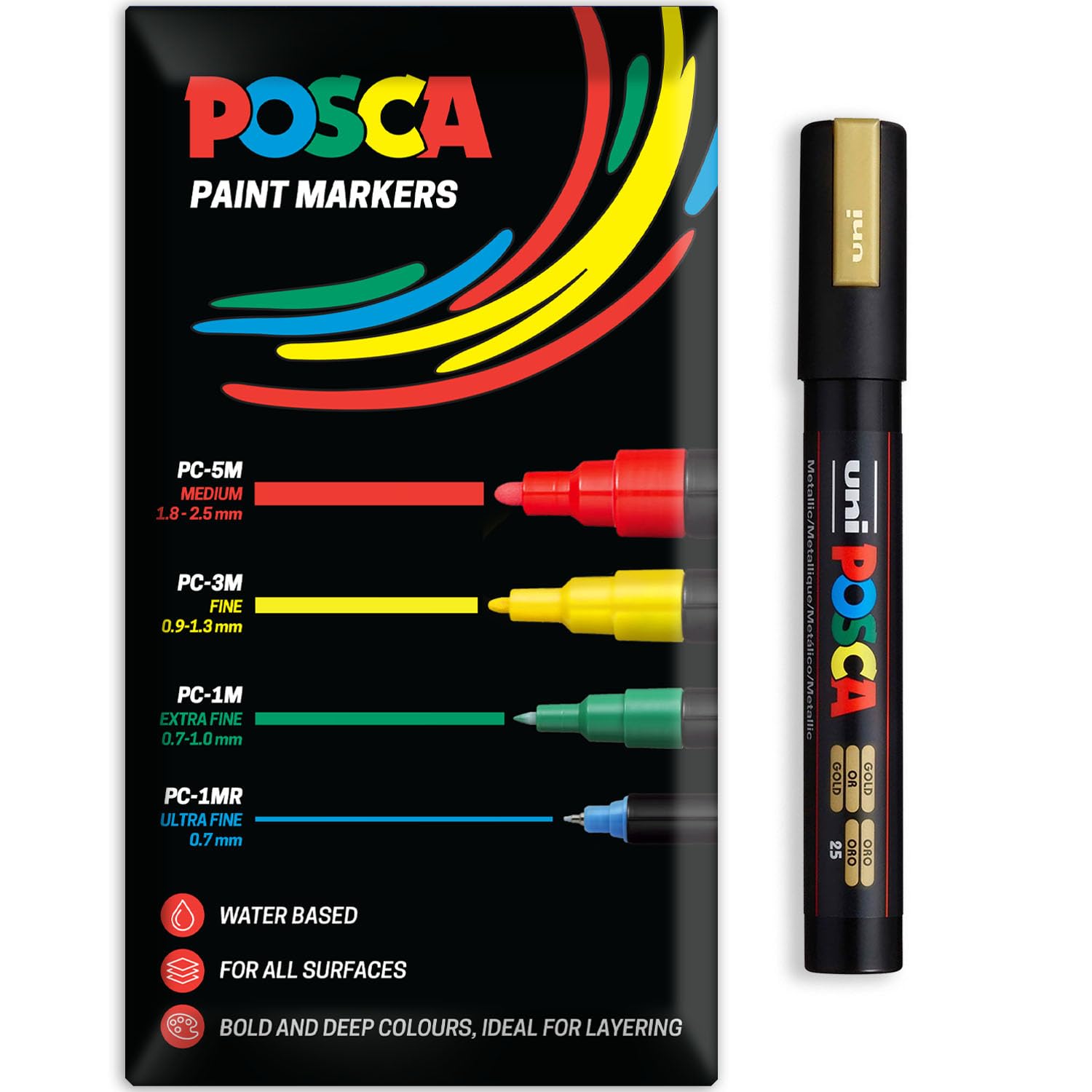 Posca Water Based Acrylic Paint Marker Pens | Multi Surface Use Permanent Paint Pen | Pack of 1 in Envelope Gift Packaging | Glass, Fabric, Canvas, Wood etc | PC-5M, Gold