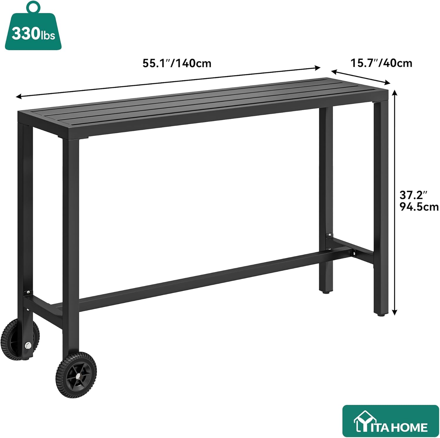 YITAHOME 55" Outdoor Bar Table, Rectangle Narrow Counter Height Table, Ideal Bar Height Table for Balcony, Patio, Garden, Yard, Poolside, Black