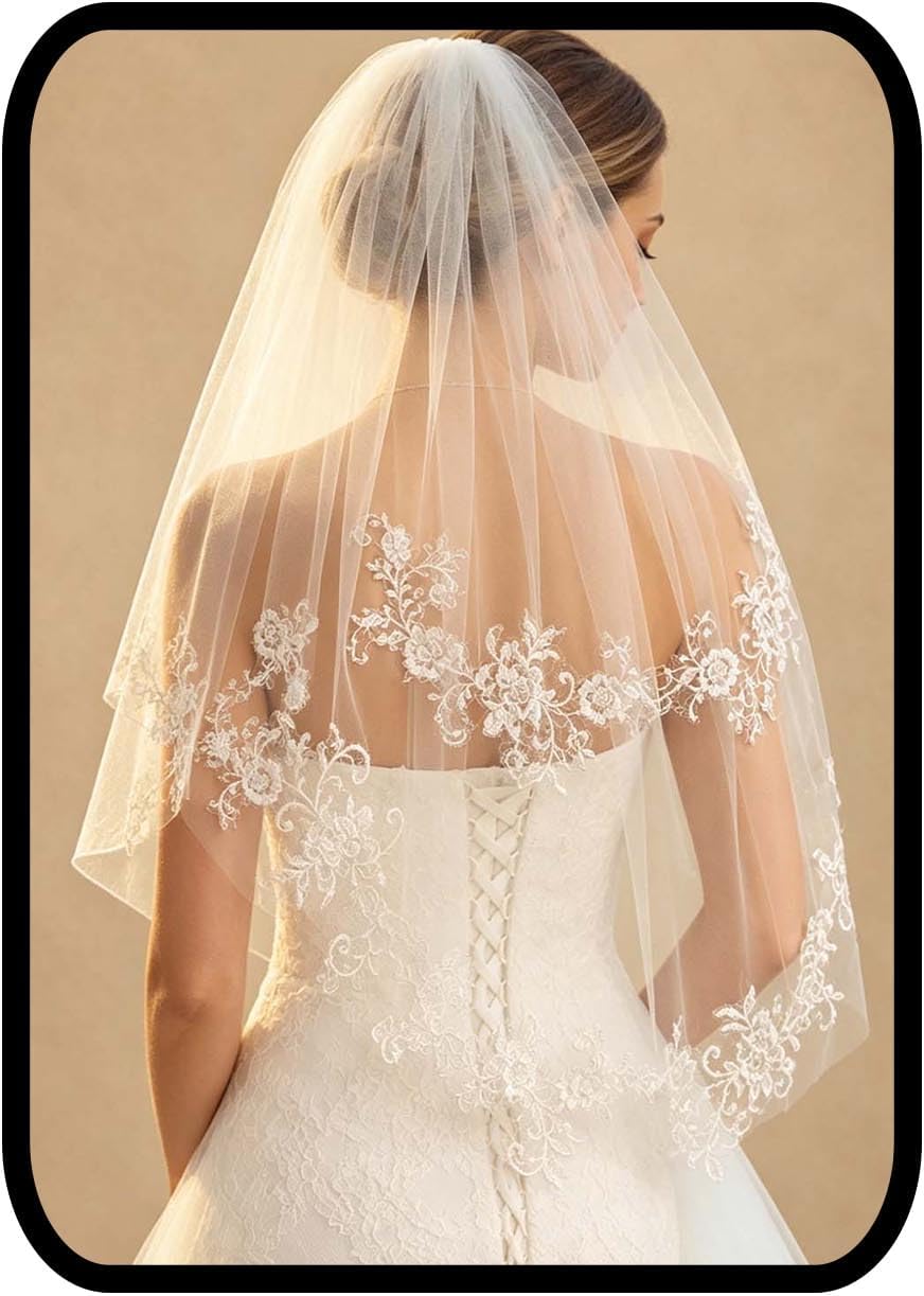 Yalice Short Bride Wedding Veils for Brides Floral Lace Bridal Veils 2T 2 Tier Veil Waist Length Soft Tulle Hair Accessories