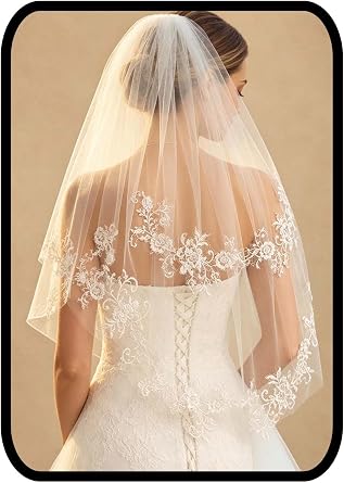 Yalice Short Bride Wedding Veils for Brides Floral Lace Bridal Veils 2T 2 Tier Veil Waist Length Soft Tulle Hair Accessories
