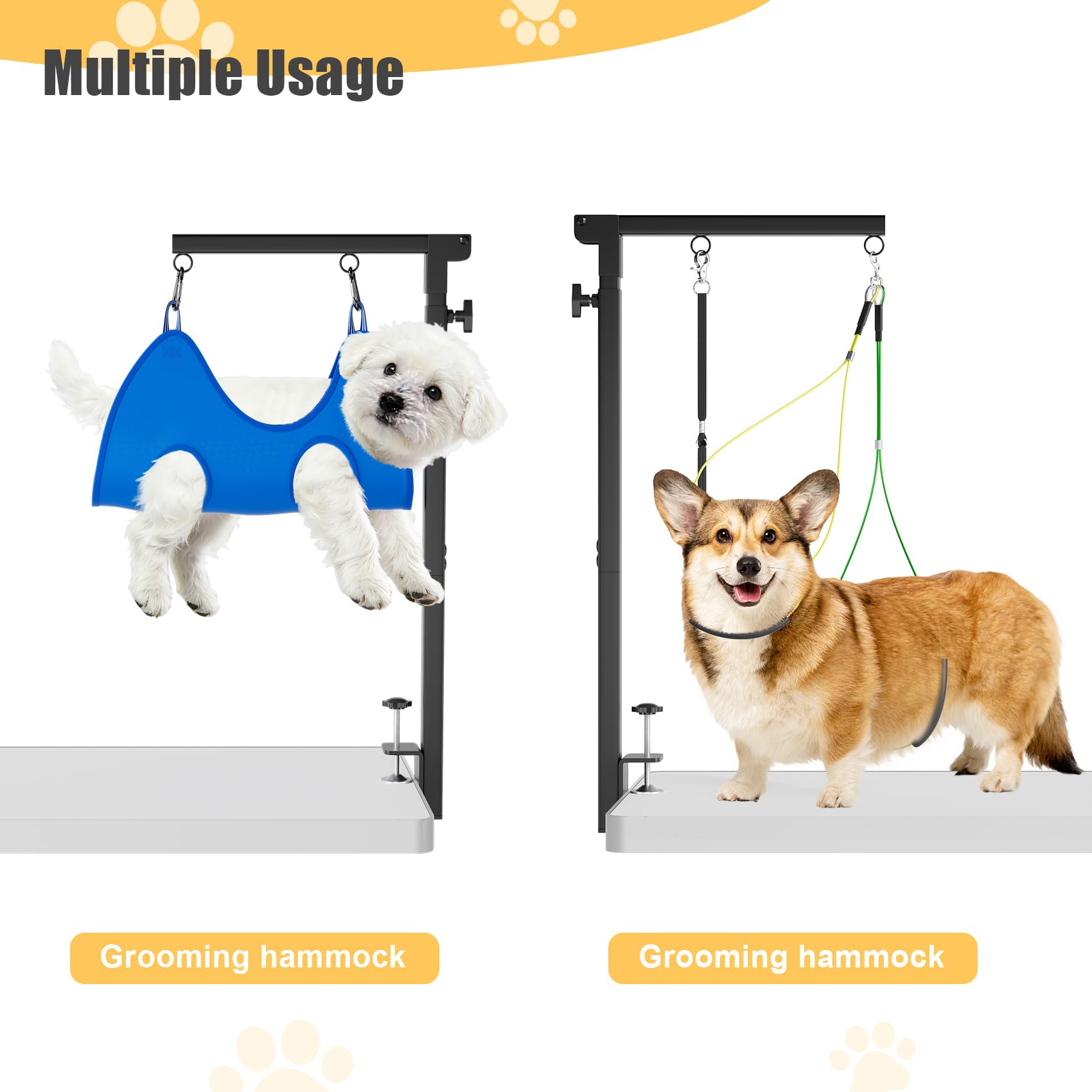 Condition photo showing New/Like New for foldable dog grooming arm with clamp - adjustable grooming table arm with no-sit holder & hammock, includes pet grooming scissors & comb set | for small medium dogs | home use & professional salon