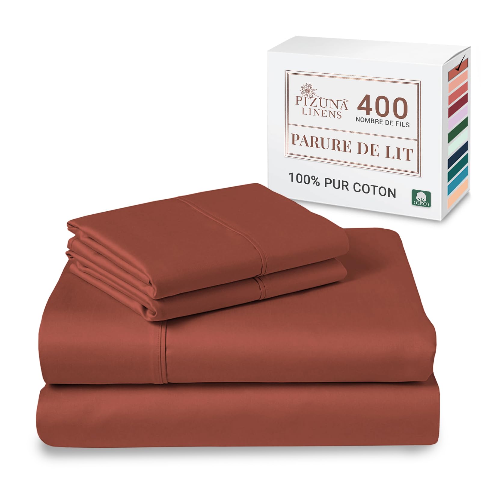 Pizuna Coton Peigné Parure de Lit, Double Rouge Brique 400 Fils