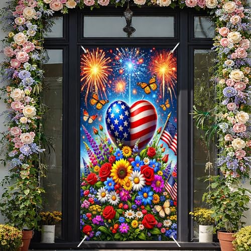 Image of BissYard Patriotic Door Cover 71 x 35 Inches 4th of July Door Banner American Flag Heart Fireworks Floral Independence Day Front Door Decoration Indoor Outdoor Porch USA Theme Decor